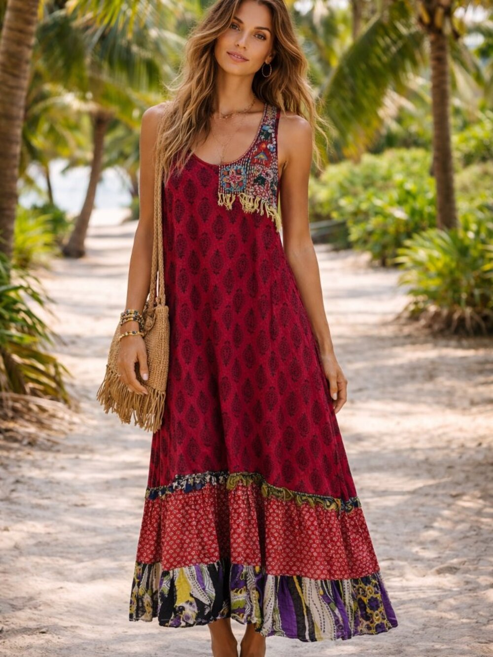Bohemian Embellished Tiered-hem Maxi Dress Extra Small Small